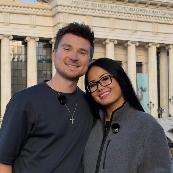 Alex and Megan in front of the Archaeological Museum of North Macedonia in Skopje