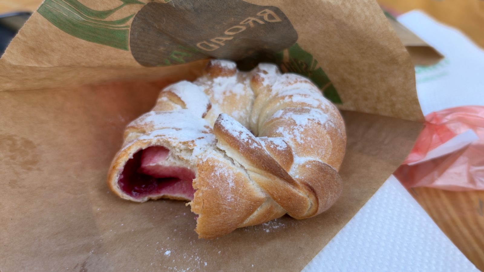 Fruit-filled pastry dusted with powdered sugar from Broadway Bakery in Bitola
