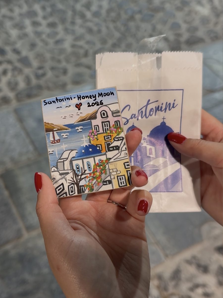Custom hand-painted Santorini Honey Moon 2026 magnet from Black Velvet