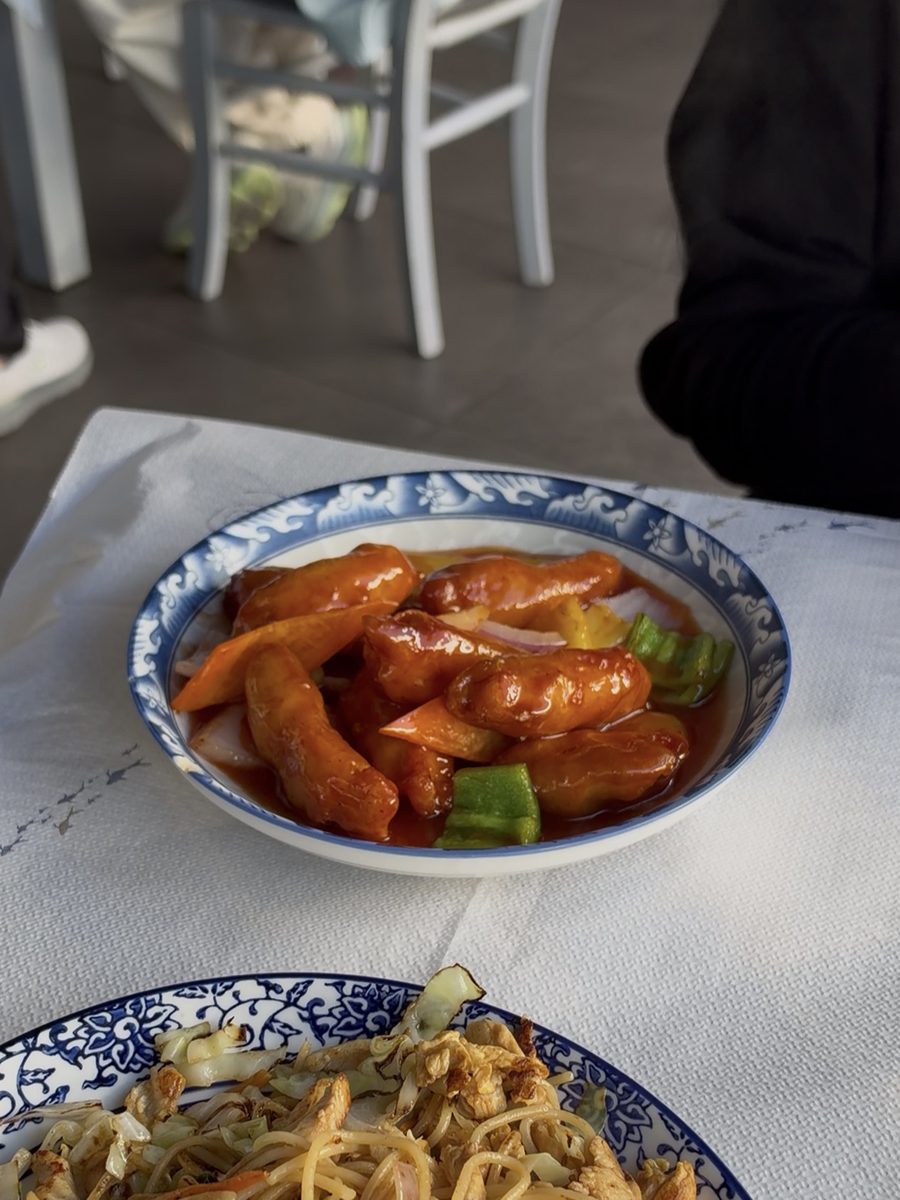 Sweet and sour chicken with peppers and onion at China Famous Foods in Fira, Santorini