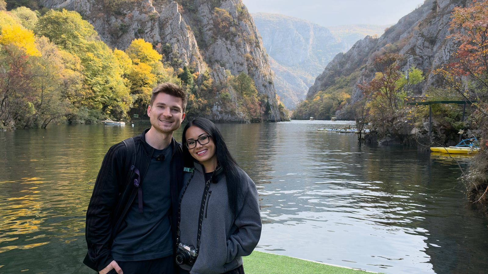 Alex and Megan at Matka Canyon near Skopje, North Macedonia, with fall colors on the cliffs